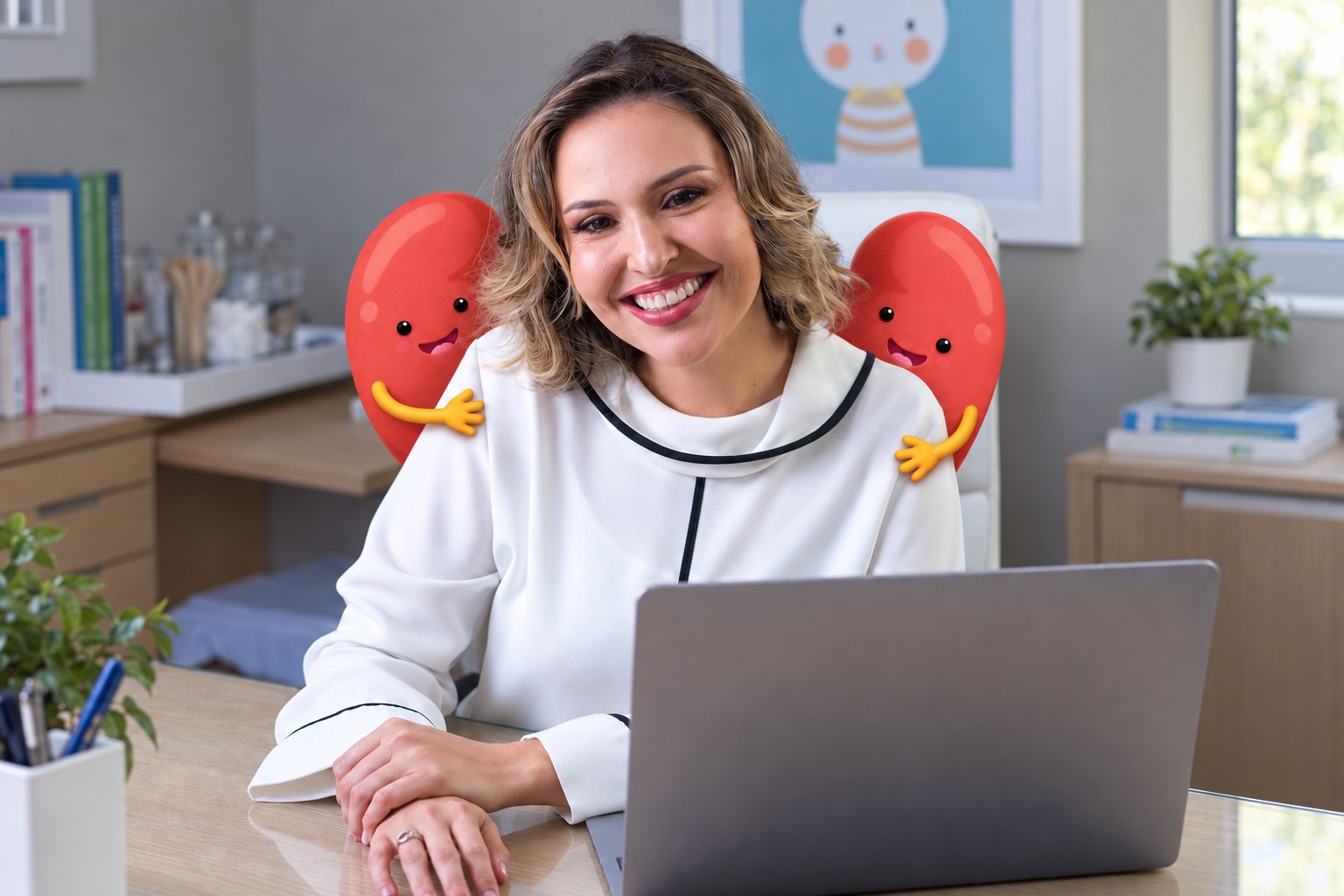 Cena ilustrativa da Dra. Ana diante do notebook, com dois personagens de rins abraçando seus ombros